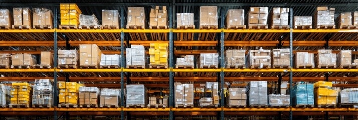 Poster - Packed Construction Goods Stored on Warehouse Shelves in Organized Rows With Open Top Margin Clearly Visible