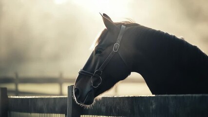 Poster - A brown horse stands next to a wooden fence in a natural setting