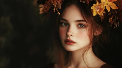 Poster - A woman wearing a floral crown on her head, looking relaxed and natural
