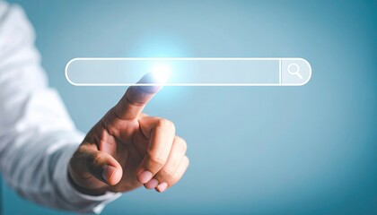 Poster - Hand reaching towards a digital search bar with a glowing interface against a blue background, symbolizing technology and innovation