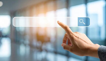 Poster - Hand reaching towards a digital search bar in a bright office setting with blurred background and soft lighting