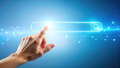 Poster - Hand reaching for a glowing search bar icon with a digital background representing technology and online searching