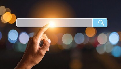 Poster - Hand reaching towards a glowing search bar with a blurred bokeh background at night, symbolizing technology and inquiry