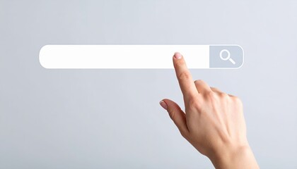 Poster - Hand reaching towards a search bar icon on a light gray background, representing digital search and navigation