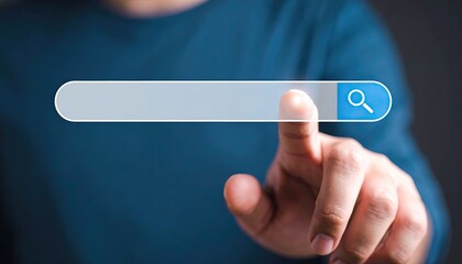 Poster - Person's finger poised to search on a digital search bar against a blurred background, symbolizing technology and online exploration