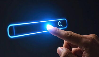 Poster - Hand touching a glowing search bar on a dark background representing digital technology and online search processes