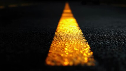 Poster - Close-up shot of a yellow line on a road surface, suitable for use in illustrations or designs related to infrastructure, transportation, or safety