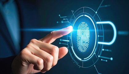 Poster - Close-up of a hand interacting with a digital fingerprint scanner, representing modern biometric technology and security solutions