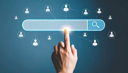 Poster - Hand pressing a digital search bar with connected user icons symbolizing online networking and data searching