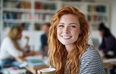 Poster - Smiling Redhead Woman Holding Coffee Cup in Office, Representing Workplace Wellbeing and Employee Engagement With Focus on Teamwork and Collaboration : Generative AI