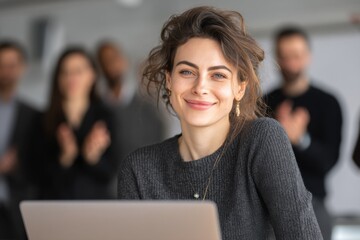 Poster - Smiling Woman at Laptop Receiving Applause From Colleagues, Illustrating Recognition and Teamwork in the Modern Workplace, Boosting Morale and Productivity : Generative AI