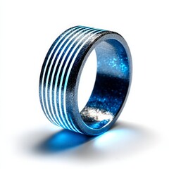 Aufkleber - Futuristic Blue and Silver Ring with Glowing Stripes on White, Modern Jewelry with Sparkling Texture