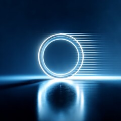 Poster - Futuristic Blue Neon Circle Portal with Speed Lines and Reflections on a Dark Surface