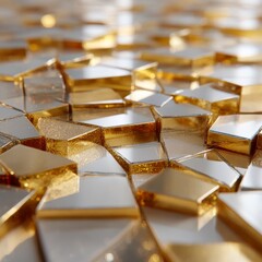 Leinwandbilder - Golden Abstract: Geometric Tiles with Shimmering Edges in Reflective Surfaces and Shallow Depth of Field