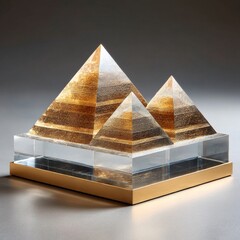 Poster - Golden Layered Pyramids in Clear Resin, Contemporary Abstract Sculpture with Gleaming Light Effects, Geometric Art