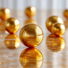 Leinwandbilder - Golden Spheres Reflections: A mesmerizing view of metallic orbs resting on a reflective surface, capturing light and adding depth.