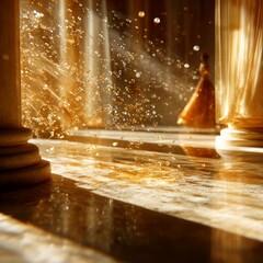 Aufkleber - Golden Splendor: Light and Water Dancing in a Grand Hall, with Architectural Elements and a Glimpse of a Figure