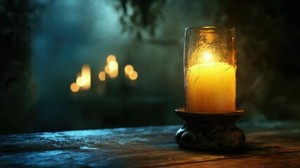 Aufkleber - A single lit candle sits atop a wooden table, providing warm light