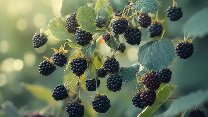 Poster - A cluster of blackberries hangs from a tree branch, ripe and ready to eat