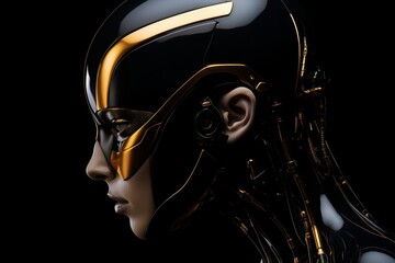 Poster - Robot head design with a golden outline on a dark background for futuristic aesthetics