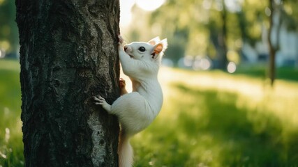 Poster - A white squirrel is seen climbing up the side of a tree, showcasing agility and determination
