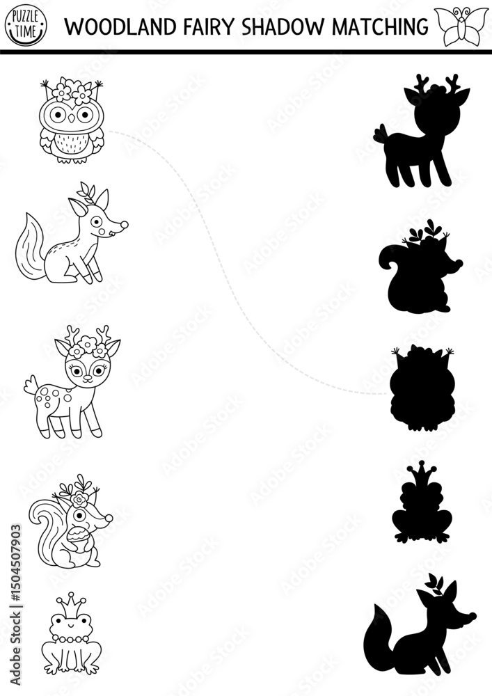 Woodland fairy black and white shadow matching activity with fantasy ...