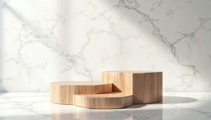 Poster - 3D illustration of wooden podiums against white marble backdrop. Minimalist design for product display or presentation. Showcase cosmetic, perfume, goods, luxury items on stage, sale promo.