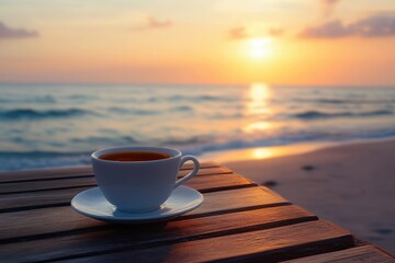 Wall Mural - Enjoying a peaceful sunrise at the beach with a cup of tea on a wooden table, Tranquil beach sunrise with a cup of tea on a wooden table Coastal peace concept
