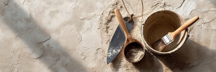 Poster - Plastering Tools Arranged on Plywood Sheet With Soft Natural Light Creating a Calm Atmosphere