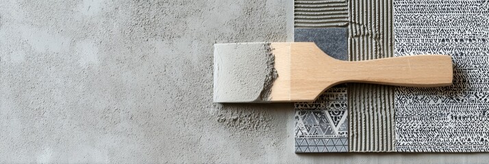 Poster - Tile Adhesive Spatula on Flat Concrete Beside Decorative Pattern Sample Ready for Application