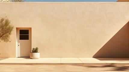Poster - Stunning neutral beige building with plant shadow patterns for a modern minimalist aesthetic