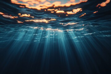 Poster - Underwater glow rays illuminate smooth waves at dusk in serene ocean environment, Underwater glow rays smooth waves 3d