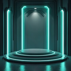 Poster - Futuristic sci-fi empty stage with neon light. Modern hall room display background for product showcase. Digital platform in laboratory studio. Generative AI illustration. Product display stage with