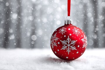 Poster - Red christmas ball hanging in snowy landscape with snowflakes design