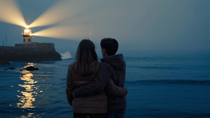 Poster - Couple embracing by the sea at twilight, watching a lighthouse beam