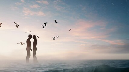 Poster - Silhouette of Couple at Sunset by the Sea