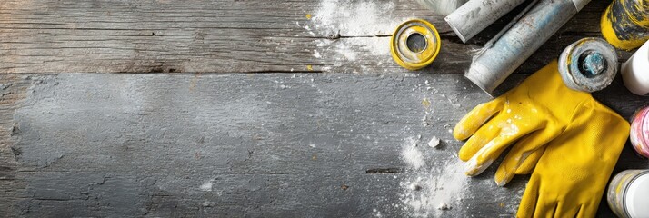 Poster - Workbench With Scattered Construction Chemicals and Gloves Ready for Use in a DIY Project at Home