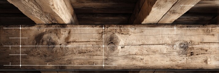 Poster - Wooden Beams With Measurement Lines Showcasing Craftsmanship and Detail in a Rustic Setting