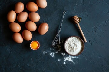 Poster - Brown eggs in a bowl on a black surface, flour in a wooden container, honey dipper and spoon beside them.