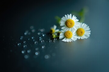 Poster - A single daisy with yellow petals and white center, surrounded by scattered sugar crystals on a dark surface.