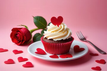 Aufkleber - A red velvet cupcake with white frosting and heart shapes on a plate, surrounded by more hearts on the table.