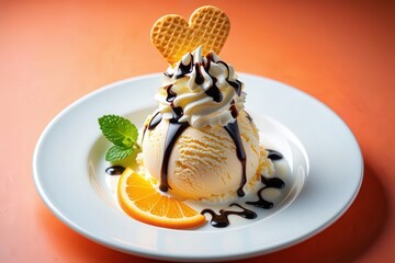 Poster - A scoop of vanilla ice cream topped with chocolate sauce and orange slices on a white plate.