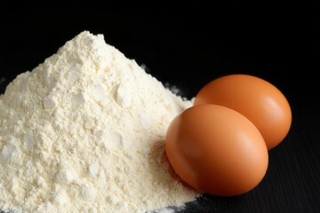 Poster - Two brown eggs next to white flour on black surface.