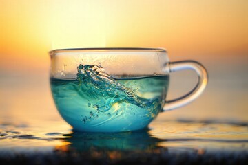 Poster - A cup of blue tea with bubbles on the surface, sitting on a wet surface near water.