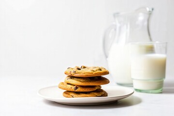 Poster - Two chocolate chip cookies on a white plate next to a glass of milk.
