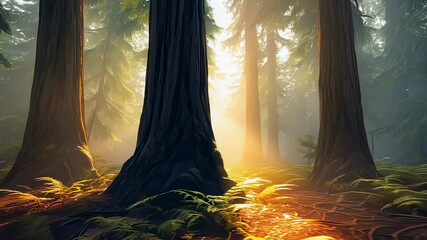 Poster - Sunlit Redwood Forest at Dawn