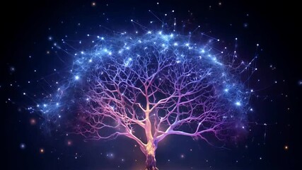 Wall Mural - Tree in dark magical background with glowing purple lights