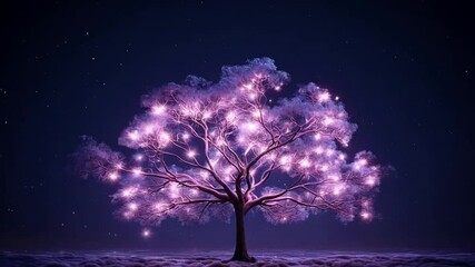 Wall Mural - Tree in dark magical background with glowing purple lights