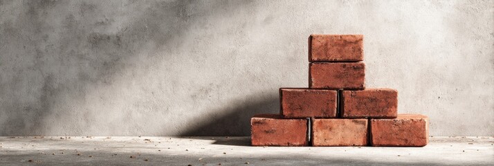 Fototapete - Stack of Red Bricks Casting a Shadow on a Concrete Background During Daylight Hours, Highlighting Textures and Colors