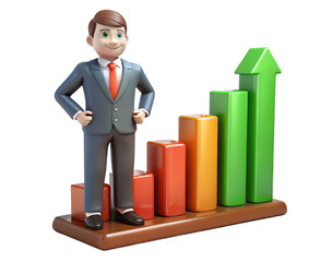 Poster - 3d cartoon businessman standing with growing bar graph on transparent background investment success